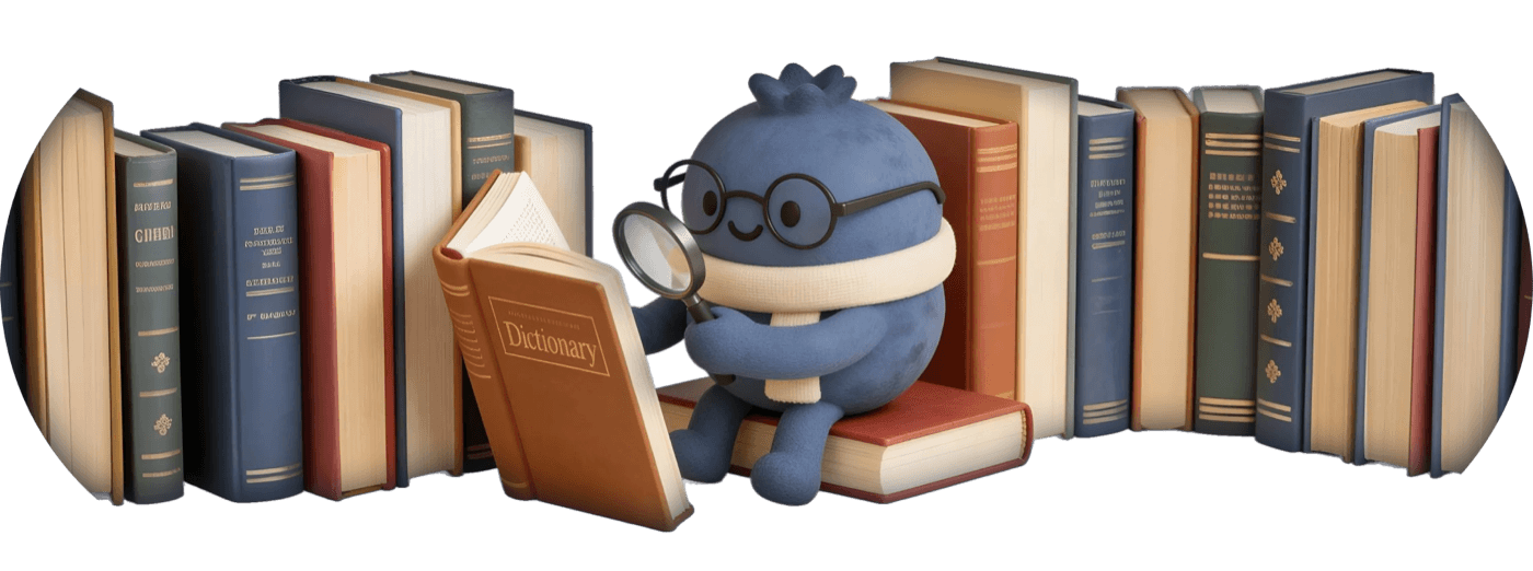 Hedgy with glasses and a magnifying glass reading a dictionary among books - BlauBerry's learning-blog illustration.