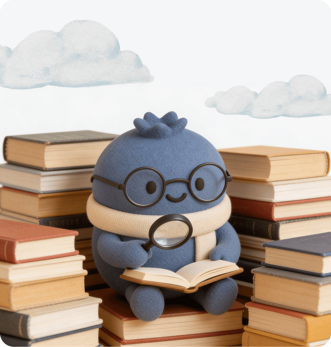 Hedgy with glasses and a magnifying glass reading among stacks of books - BlauBerry's mascot.