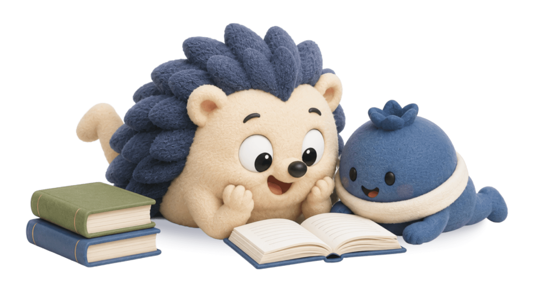 A hedgehog and Hedgy reading a book together - BlauBerry's mascot illustration.