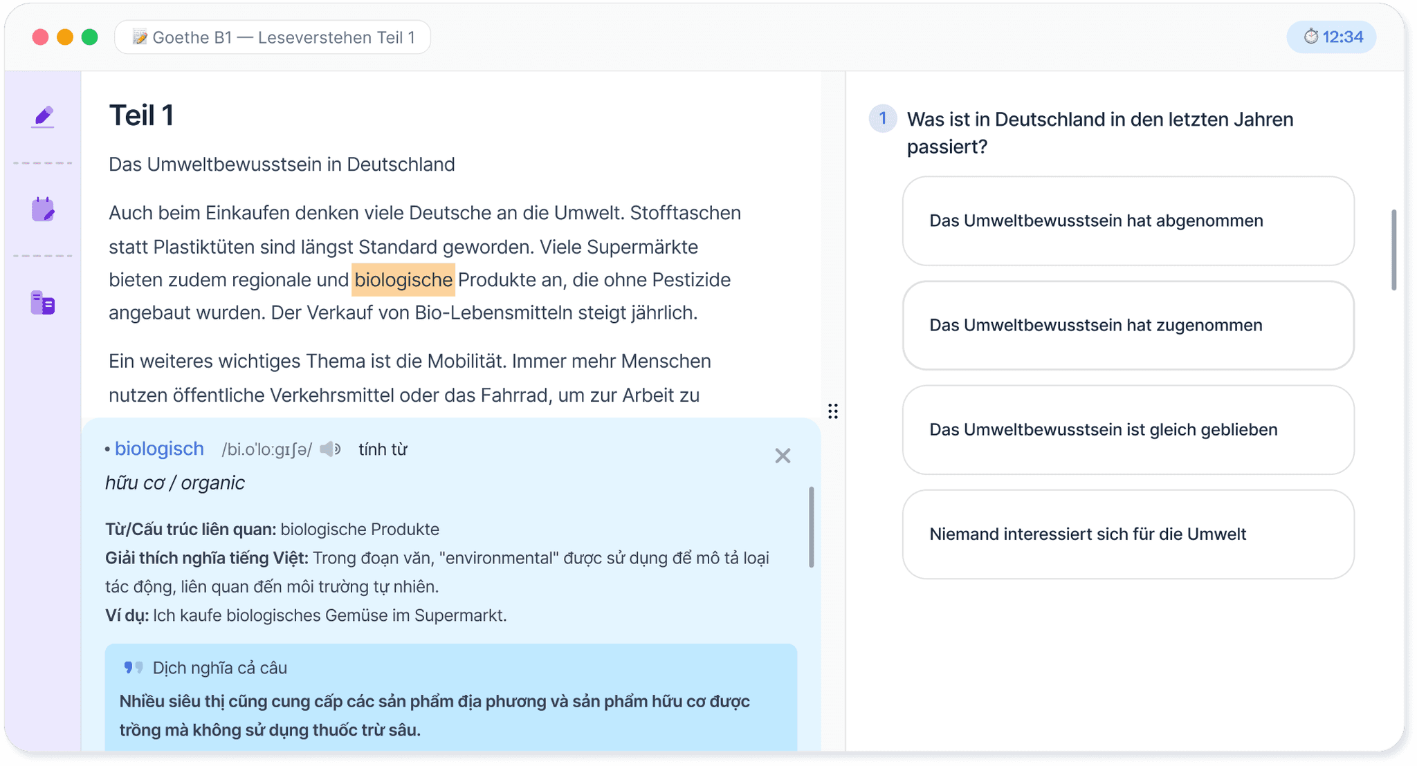 BlauBerry's Goethe reading-exam interface with in-context word lookup.